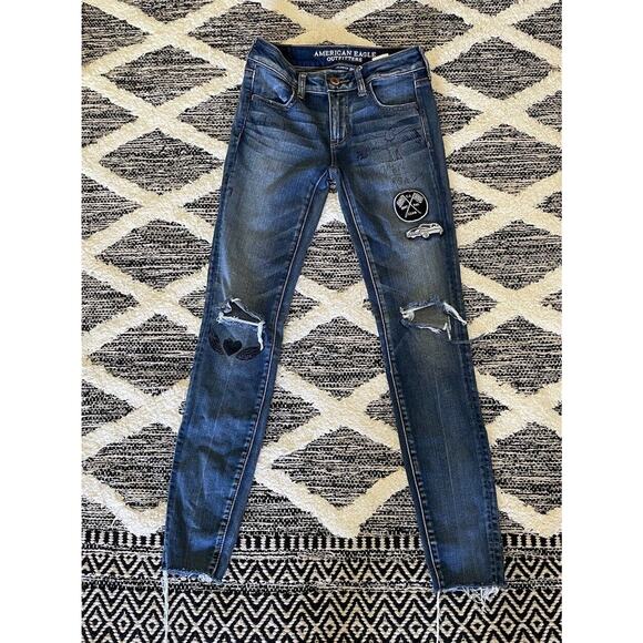 American Eagle Graffiti Jeggings Jeans Patches Scribble Distressed Size 0 - Picture 1 of 8